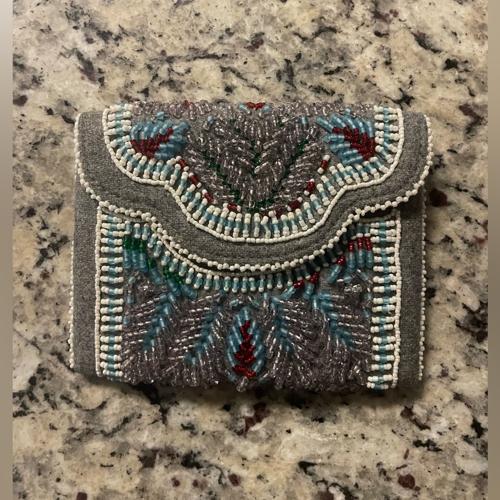 Authentic Tory Burch Gray, Wool hand beaded change purse.